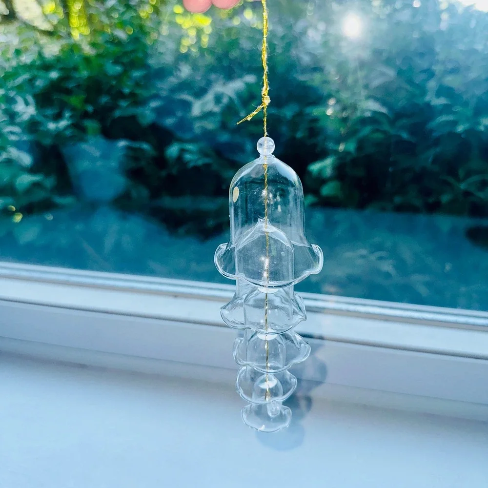 Vintage Hand Blown Clear Glass Tiered Bell Ornament Gold String 4 Nested Bells